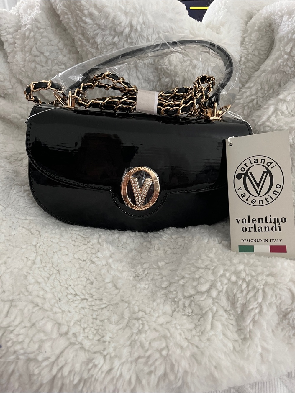 Valentino Orlandi Black Patent Leather Crossbody with Gold Chain